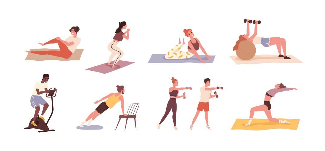 white image of diverse people exercising